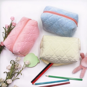 Heart Quilted Plush Pencil Case Aesthetic Large Capacity Velvet Makeup Bag Soft Stationery Organizer For School Office