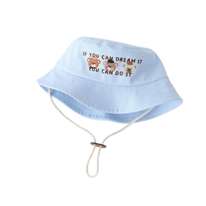 Light blue kids sun hat with bear embroidery and adjustable chin strap for boys