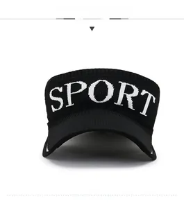 Detailed front view of black knit sun visor with white SPORT embroidery for sports