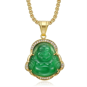 Gold plated stainless steel Laughing Buddha necklace with green opal and CZ diamonds