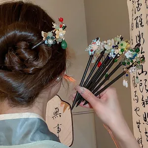 Vintage Chinese Style Hair Stick Wood Metal Flower Butterfly Dangle Tassel Hairpin For Women Hanfu Accessories