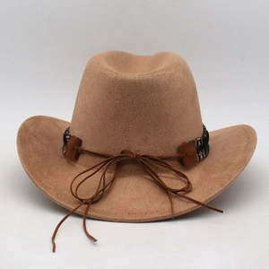 Detail of western cowboy hat featuring ethnic woven band and brown faux leather cord