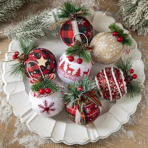 Christmas Tree Balls Ornaments Buffalo Plaid Fabric Foam Hanging Decoration With Pine Needles Cones Berries Rustic Vintage
