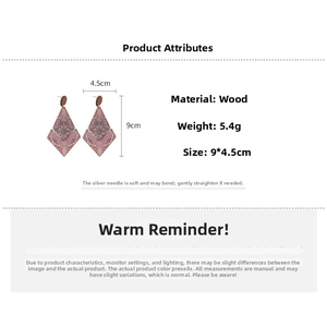Ethnic wood diamond drop earrings detail with size 9cm x 4.5cm and silver needle pin