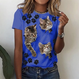 Blue short-sleeve T-shirt featuring a 3D cat print and black paw patterns