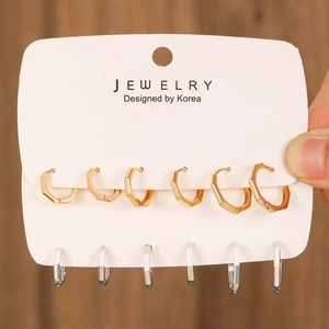 Set di 6 paia di orecchini a cerchio esagonali geometrici minimalisti in oro e argento