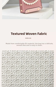 Close-up of pink woven PU leather texture with elegant pearl handle and gold studs