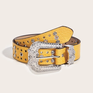 Bright yellow faux crocodile leather belt with butterfly rhinestone buckle and star cutouts