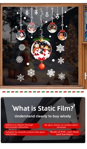 Close-up of PVC Christmas window stickers showing snowflake and snowman decorative patterns