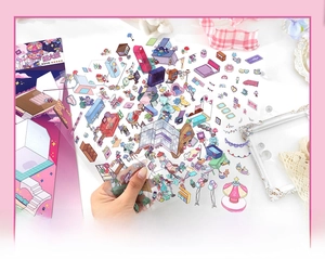 Macro detail of transparent PET sticker set with cozy home interior furniture illustrations