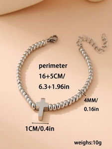 Detailed size chart for 4mm silver bead cross bracelet showing 16+5cm length and weight