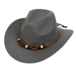 Detailed view of dark grey western cowboy hat with decorative beaded brown leather cord