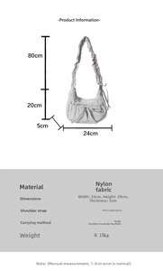 Detailed size specifications and nylon material dimensions of the pleated crossbody bag