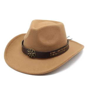 Classic khaki felt western cowboy hat with brown leather band and metallic floral studs