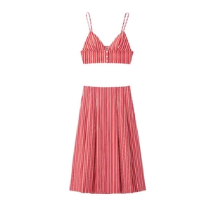 Striped Crop Top And High Waisted Midi A Line Skirt Women Polyester Button Front Thin Straps Summer Casual Streetwear
