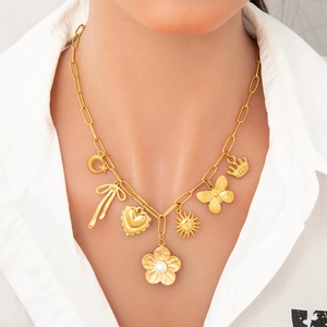 Collier en acier inoxydable plaqué or 18k avec breloques vintage et tournesol perlé