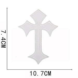 Detailed size specifications for white gothic cross embroidered patch measuring 10.7x7.4cm