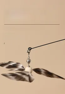 Detail of natural feather cat toy with wooden bead and bell on flexible wand