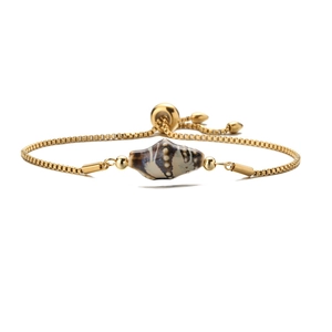 Adjustable golden cube chain bracelet featuring a natural shell conch charm on a white base