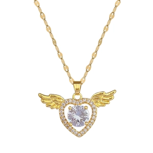 Gold angel wing heart pendant necklace with full diamond inlay on white background