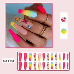 Detail of neon pink and gradient floral press-on nails set BKS1669 with 24 pieces