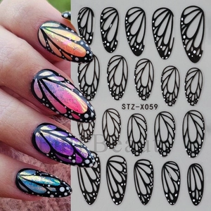 Dark style hollow black butterfly wing nail stickers for manicures, model STZ-X059