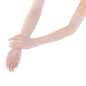 Detailed view of white long fishnet gloves with sparkling rhinestones and elastic mesh