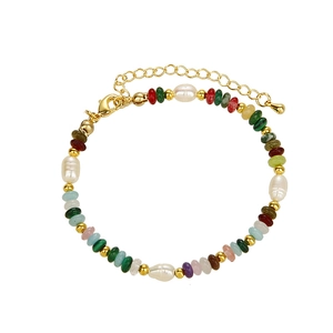 Colorful natural stone and pearl beaded bracelet with a gold metal adjustable chain
