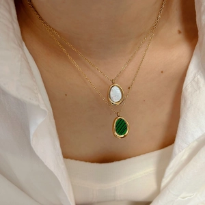Bohemian gold stainless steel layered necklaces with white shell and green oval pendants