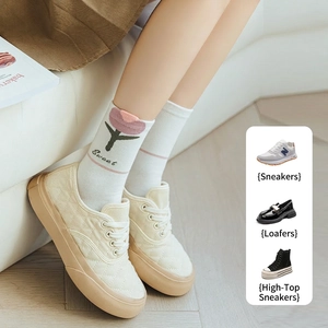 Women's cotton crew socks in cream white with pink tulip and Sweet text embroidery