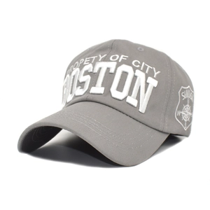 Detail of the high-quality 3D embroidery and side shield patch on a gray baseball cap
