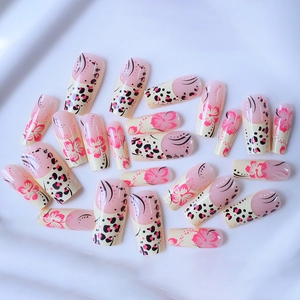 24pcs French long square press-on nails with pink leopard and flower patterns