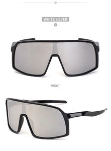 Front and side views of silver mirrored cycling sunglasses with a black frame and large lens