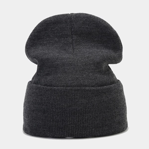 Detailed close-up showing the charcoal grey ribbed knit texture and cuff of the winter beanie