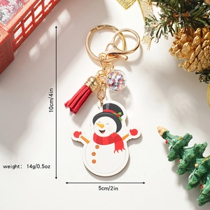 Cartoon snowman keychain with star sequins, red tassel and golden ring for Christmas decor
