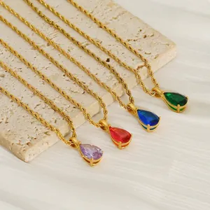 Teardrop Pendant Necklace Stainless Steel 18K Gold Plated Zircon Pear Cut Rope Chain For Women Ins Style Minimalist Jewelry