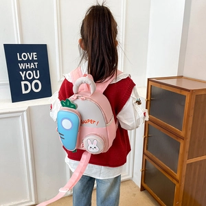 Pink and grey cartoon kids backpack with cute rabbit and blue carrot pocket features