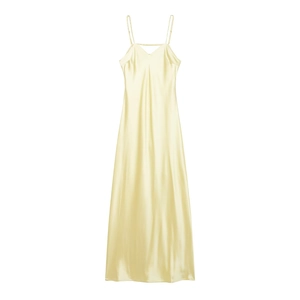 Elegant champagne satin slip dress with V-neck and thin straps on white background