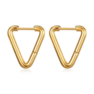 Minimalist gold triangle hoop earrings with a polished finish on white background
