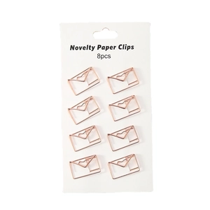 Set of 8 creative rose gold envelope heart paper clips on white card packaging