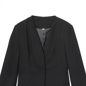 Minimalist black collarless blazer dress with V-neckline shown in flat lay view