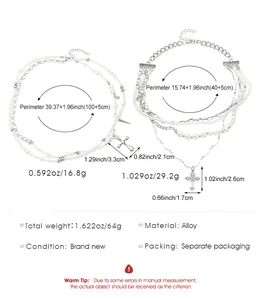 Guía de tallas de collar de perlas multicapa con detalles de peso y longitud