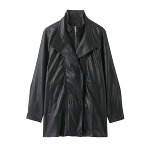 Women Black Leather Jacket Double Breasted Lapel French Retro Solid Color Long Sleeve Fashion Outerwear Coat
