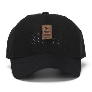 Classic black quick-dry baseball cap with breathable mesh and brown leather patch