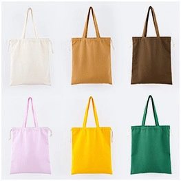 Detailed grid view of minimalist canvas tote bags in six different vibrant solid colors
