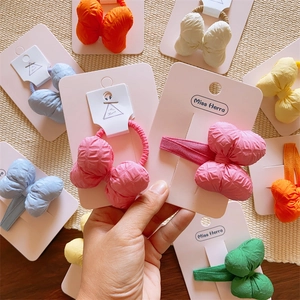 Kids macaron color padded bow hair clips and elastic hair ties set with pleated fabric