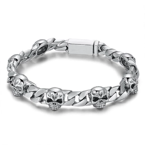 Punk style silver skull bracelet for men with polished metal beads and box clasp