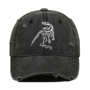 Vintage Distressed Washed Cotton Baseball Cap With Dinosaur Skeleton Embroidery Ripped Streetwear Dad Hat For Men Women