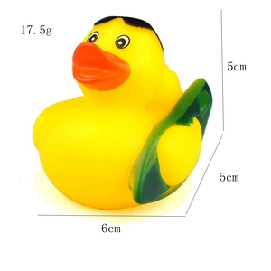 Detail view of yellow rubber bath duck showing dimensions 6cm x 5cm and 17.5g weight