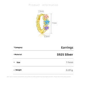 Detailed size specifications for S925 sterling silver star hoop earrings with zircons